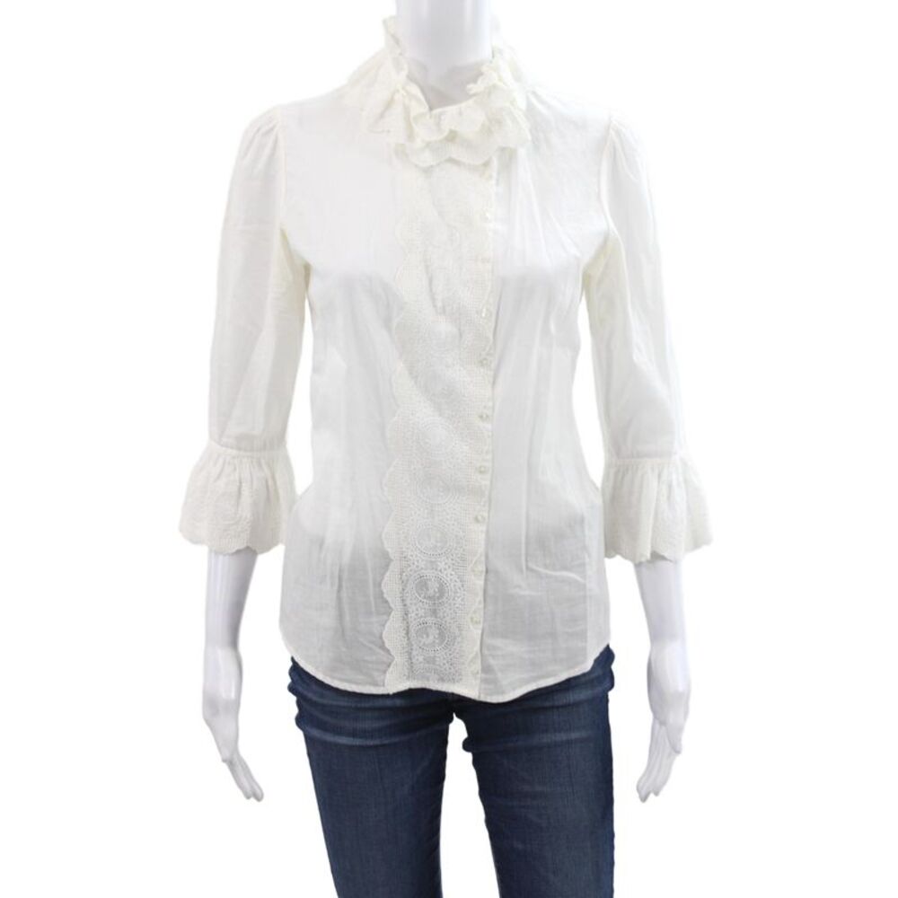 Anne Fontaine Womens High Neck 3/4 Sleeve Cotton Blouse White Size 38